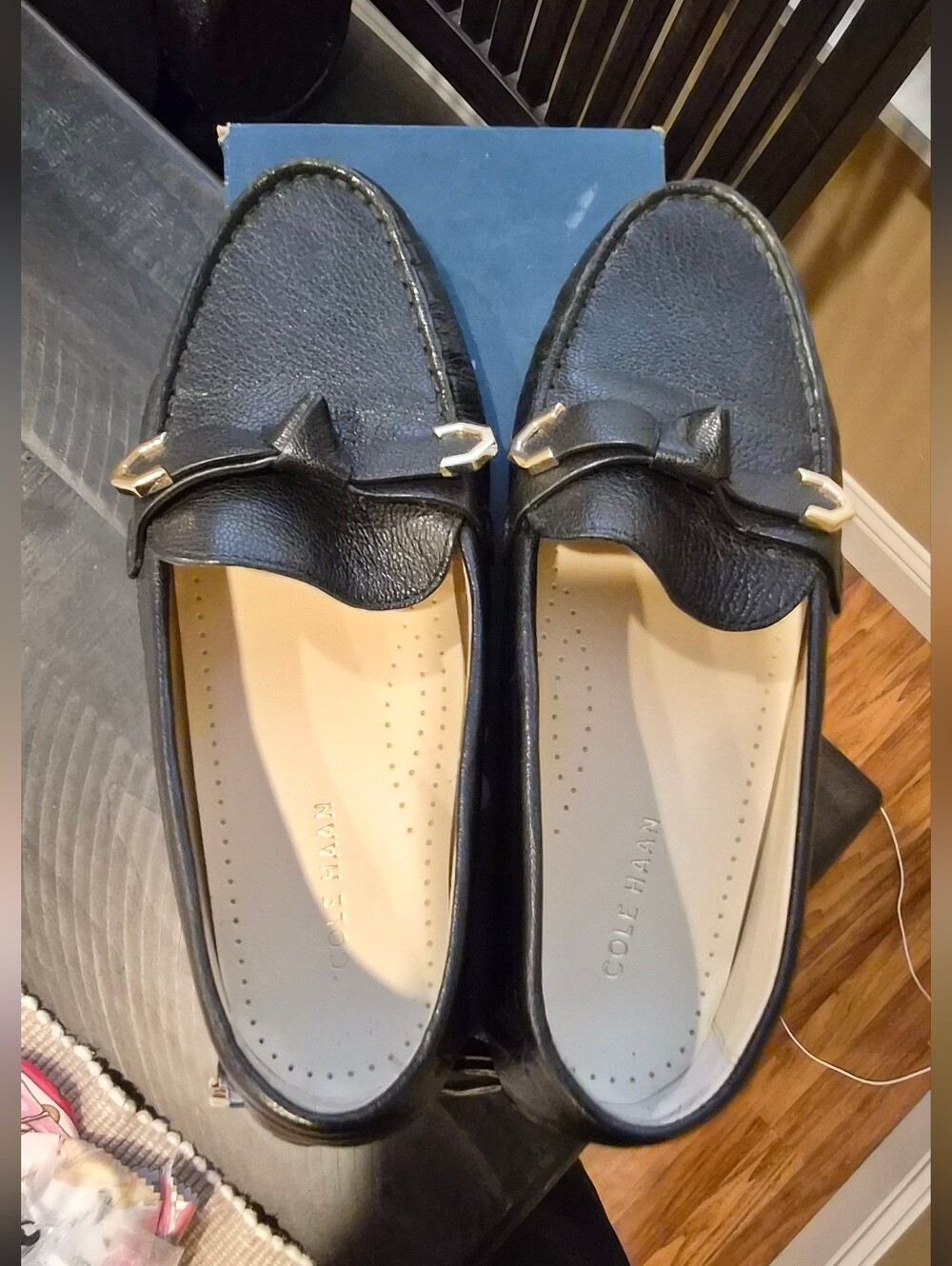 Cole Haan Black Leather Loafers with Gold Hardware